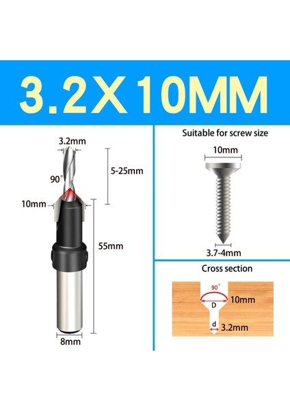 3.2X10 1 Adet DIA.6-14MM Havşa Matkap Ağaç Işleme Matkap Ucu Sondaj Pilot Delikler Vida Karşı Delik Matkap Vida Havşa 8 mm Shank (Yurt Dışından)