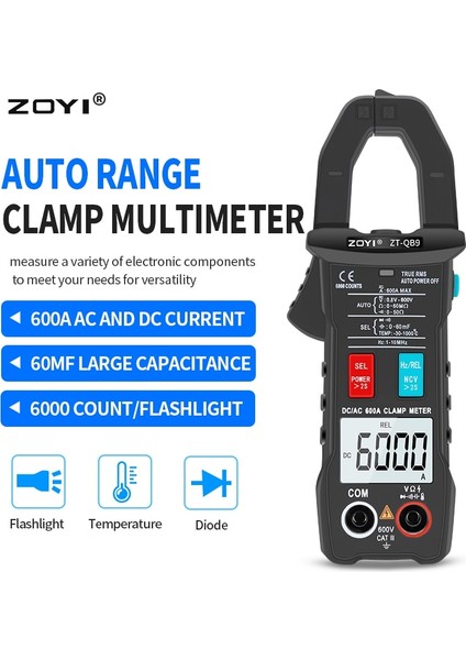Zt-Qb3 Zoyı Dijital Pens Metre 600A Akım True Rms Akıllı Pense Ampermetre Otomatik Rang 6000 Multimetre Dc Ac Gerilim Hz Ohm Ncv Test Cihazı (Yurt Dışından)
