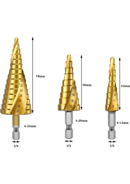 Set 2 Altıgen 3 Adet/takım 4-12MM 4-20MM Hss Düz Spiral Oluk Adım Matkap Ucu Titanyum Kaplamalı Ahşap Metal Delik Kesici Çekirdek Delme Araçları (Yurt Dışından)