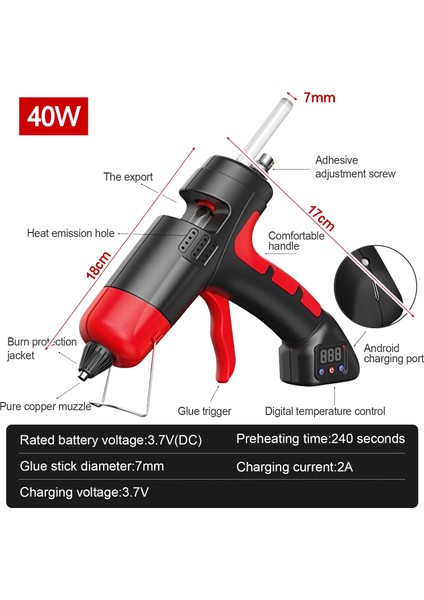 SLP8102 Set1 40W Lityum Elektrikli Sıcak Tutkal Tabancası Kablosuz USB Şarj Sıcaklığı Ayarlanabilir Dijital Ekran 7mm Çubuklarla (Yurt Dışından) modelleri
