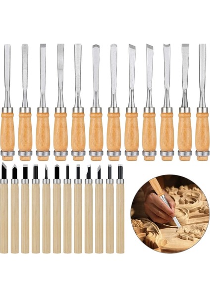 12PC-B 24 Adet Ahşap Oyma Keski Seti Ahşap Oyma Kiti Dahil Küçük ve Büyük Boy Ahşap Oymacı Seti (Yurt Dışından)