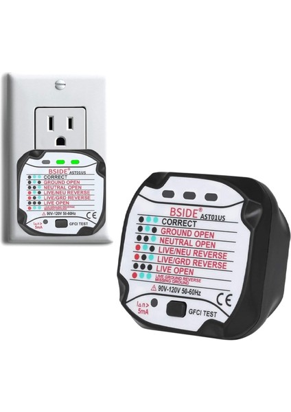 AST01 LED Göstergesi Abd Fişi Bsıde AST01 Elektrik Soketi Test Cihazı Ab Fişi Soket Test Cihazı Rcd Gfcı Test Çıkışı Topraklama Sıfır Hattı Fişi Polarite Faz Kablo Kontrolü (Yurt Dışından)