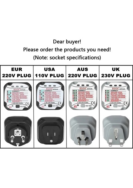 AST01 LED Göstergesi Abd Fişi Bsıde AST01 Elektrik Soketi Test Cihazı Ab Fişi Soket Test Cihazı Rcd Gfcı Test Çıkışı Topraklama Sıfır Hattı Fişi Polarite Faz Kablo Kontrolü (Yurt Dışından)