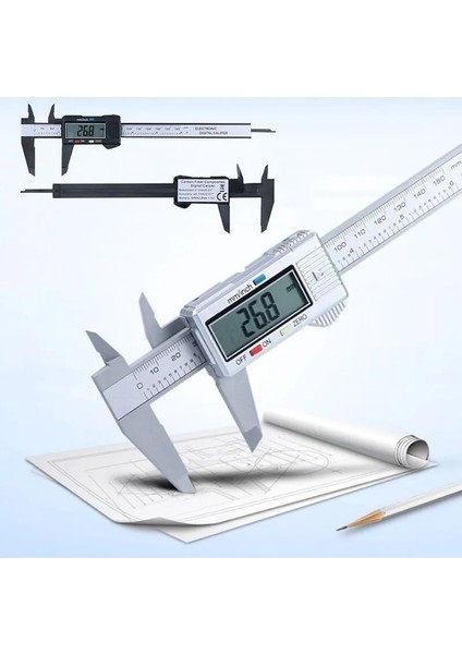 Gümüş Şık 150MM/6 Inç LCD Dijital Elektronik Karbon Fiber Sürmeli Kaliper Ölçer Mikrometre (Yurt Dışından)