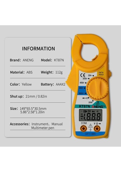 KT87N Sarı Aneng KT87N Mini Dijital Pens Metre Ac/dc Gerilim Ac Akım 600 V True Rms Multimetre Kapasite Elektrik Megger Test Cihazı (Yurt Dışından)