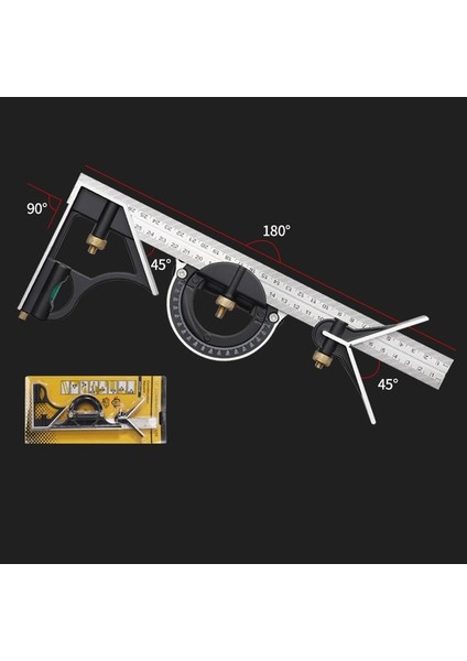 Çok Fonksiyonlu 3 In 1 Kombinasyon Açı Cetvel Seti Mühendis 300MM Ayarlanabilir Çoklu Kombinasyon Sağ Kare Iletki Ölçme Aracı Seti (Yurt Dışından)