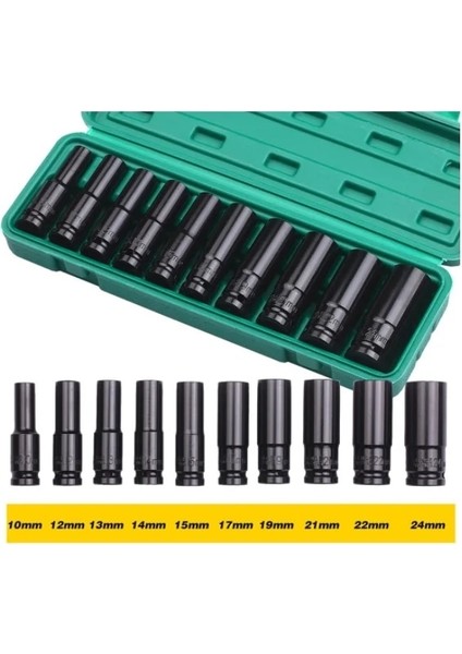 10-24 Lokma Seti 1/2 Inç Sürücü 6 Noktalı Darbeli Lokma Seti 10 Parçalı Metrik Boyutlar 10-24MM Karbon Çelik Darbeli Lokma Seti, Saklama Kutulu (Yurt Dışından)
