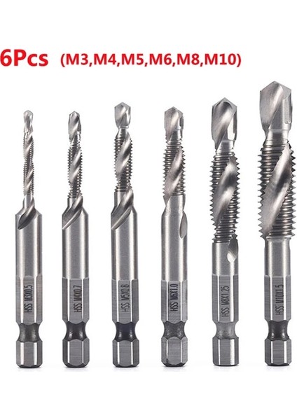 Gümüş 6 Adet M3-M10 Vida Dokunun Matkap Uçları Hss Musluklar Havşa Çapak Alma Seti Metrik Kombinasyon Bit Yüksek Hız Çelik 1/4 In Hızlı Değişim Hex (Yurt Dışından)