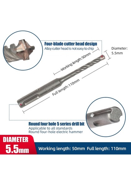 5.5X50X110MM Bosch Dört Çukurlu Elektrikli Darbeli Matkap Ucu 5 Serisi Dört Bıçaklı Yuvarlak Şaft/kare Şaft Matkap Uçları Beton Duvarları Delebilir (Yurt Dışından)