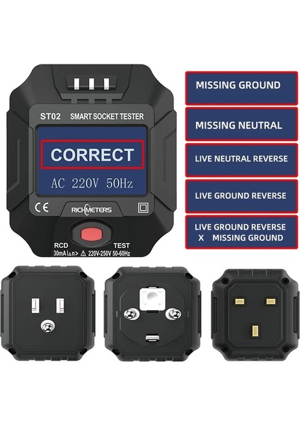 ST02 Au Fiş Dijital Priz Test Cihazı Ac Gerilim Testi Topraklama Sıfır Elektrik Devre Kesici Bulucu Hat Fişi Polarite Faz Pro Ab/abd/ingiltere Gfcı (Yurt Dışından)
