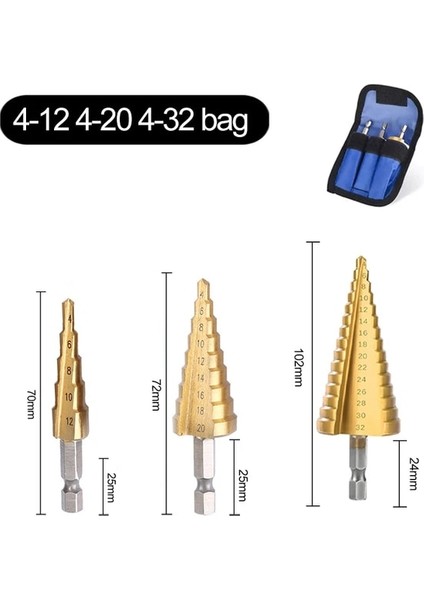 Altın 3pcs Çanta L 4-20MM 4-12MM 4-32MM Adım Matkap Ucu Kalemtıraş Metal Matkap Uçları Seti Sahne Çok Fonksiyonlu Kademeli Sondaj Konik Ağaç Işleme (Yurt Dışından)