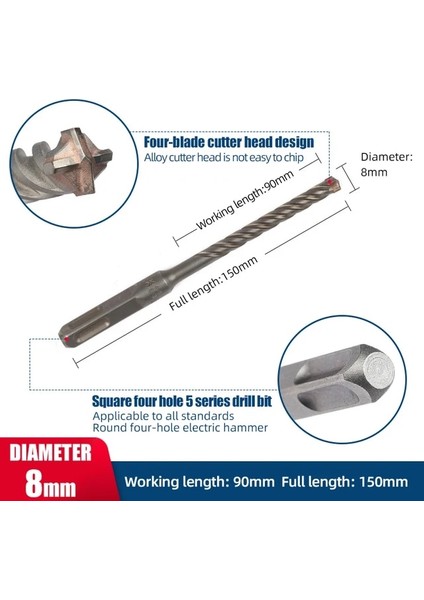 8X90X150MM Bosch Dört Çukurlu Elektrikli Darbeli Matkap Ucu 5 Serisi Dört Bıçaklı Yuvarlak Şaft/kare Şaft Matkap Uçları Beton Duvarları Delebilir (Yurt Dışından)