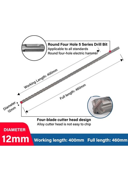 12X400X460MM Bosch Dört Çukurlu Elektrikli Darbeli Matkap Ucu 5 Serisi Dört Bıçaklı Yuvarlak Şaft/kare Şaft Matkap Uçları Beton Duvarları Delebilir (Yurt Dışından)