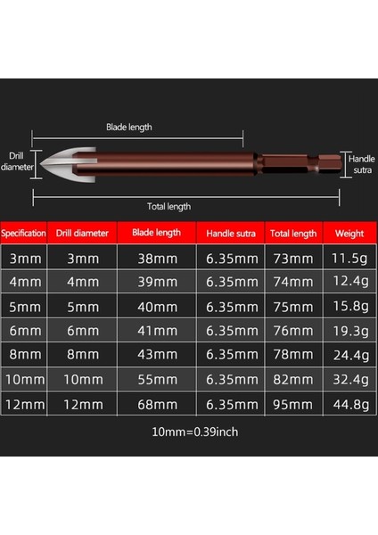 Fayans/tuğla Için Çapraz Duvar Matkap Ucu Için 10MM Dört Kenarlı Altıgen Şaft 3/4/5/6/8//12MM (Yurt Dışından)