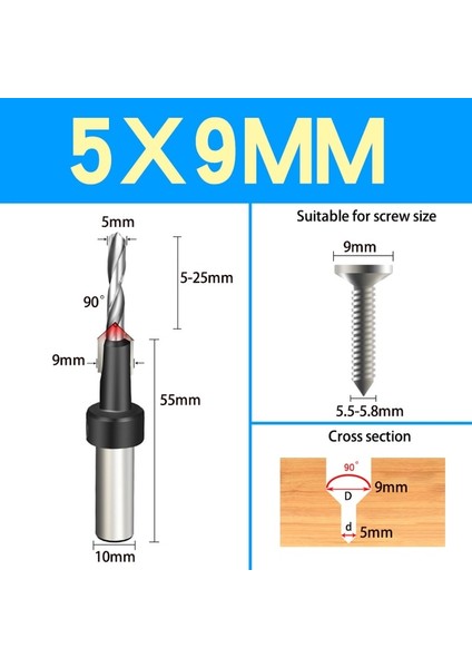 5x9 1 Adet DIA.6-14MM Havşa Matkap Ağaç Işleme Matkap Ucu Sondaj Pilot Delikler Vida Karşı Delik Matkap Vida Havşa 8 mm Shank (Yurt Dışından)
