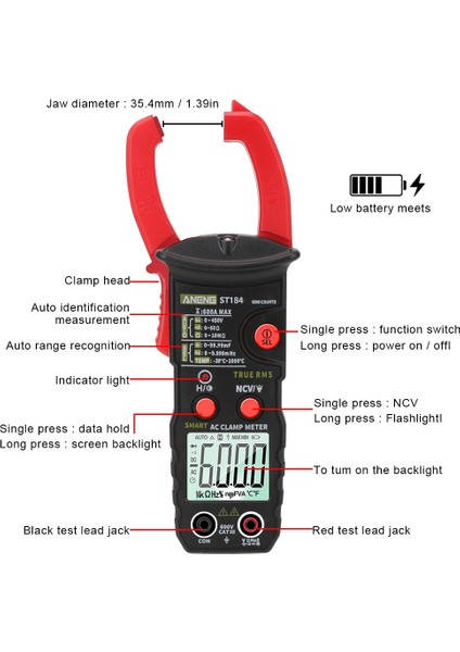 ST184 Kırmızı Ohm Hz Test Cihazı Profesyonel Multimetre True Rms Ac/dc Gerilim Test Cihazı Gerilim Ölçer Dijital Pens Metre ST184 6000 Sayım (Yurt Dışından) indirimleri