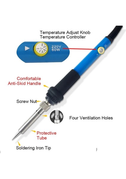 Mavi Demir Kiti 3 220V Ab Tak Elektrikli Havya Seti 220V/60W Ayarlanabilir Sıcaklık Lehim Rework Istasyonu Havya Standı Kaynak Onarım Araçları Seti (Yurt Dışından)