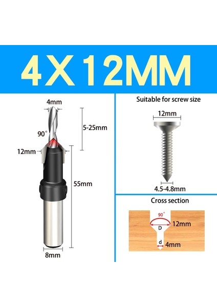 4X12 1 Adet DIA.6-14MM Havşa Matkap Ağaç Işleme Matkap Ucu Sondaj Pilot Delikler Vida Karşı Delik Matkap Vida Havşa 8 mm Shank (Yurt Dışından)