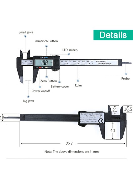 150MM-BLACK Ingbonel Aletleri Plastik Tdigital Sürmeli Kaliper 0-150MM 6 Inç LCD Elektronik Karbon Fiber Altimetre Mikrometre Ölçme Aracı (Yurt Dışından) modelleri