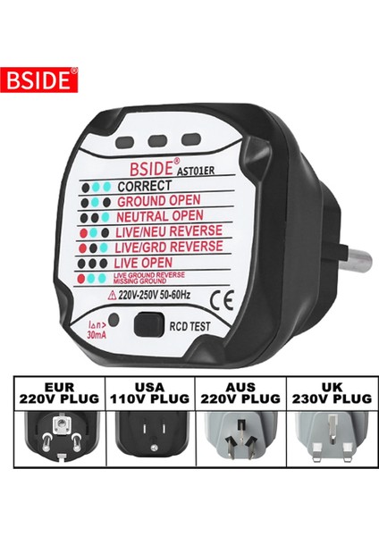 AST01 LED Göstergesi Abd Fişi Bsıde AST01 Elektrik Soketi Test Cihazı Ab Abd Ingiltere Au Fişi Rcd Gfcı Test Çıkışı Topraklama Sıfır Hattı Fişi Polarite Faz Duvar Kontrolü (Yurt Dışından)