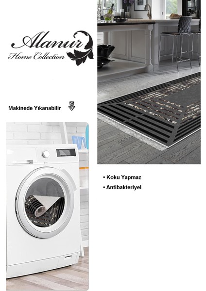 Dijital Mutfak Halısı Trend Keçe Kaymaz Taban Saçaklı Modern Mollie Antrasit
