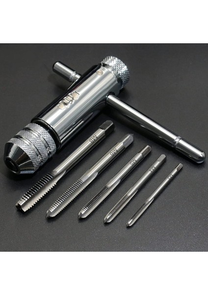 Set 1 Ayarlanabilir Gümüş T-Kolu Cırcır Musluk Tutucu Anahtarı ile 5 Adet M3-M8 3mm-8mm Makine Vidası Konu Metrik Fiş T-Şekilli Musluk (Yurt Dışından)