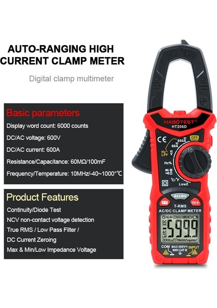 HT206B Ac Prof HT206 Amperometrik Pens Metre Pense Ampermetre Profesyonel Dijital Otomotiv Multimetre 6000 Sayım 600A Ac Dc Akım Test Cihazı (Yurt Dışından) modelleri