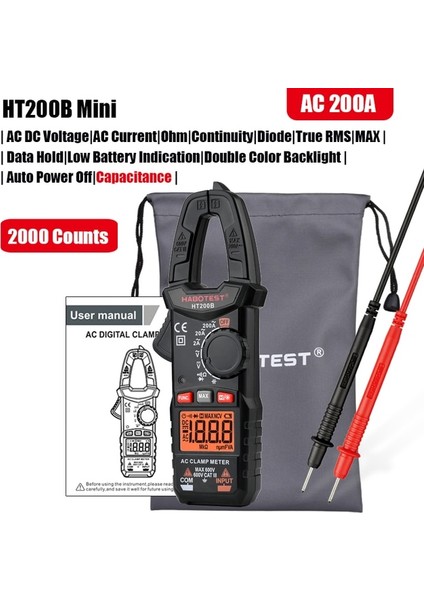 T200B Kapasite Habotest HT206 Pense Ampermetre Amperometrik Pens Metre Profesyonel Dijital Multimetre Otomotiv Test Cihazı 600A Ac Dc Amp Metre (Yurt Dışından)