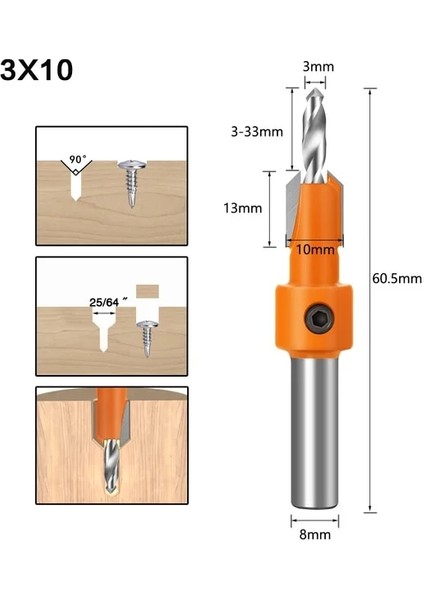 3MMX10MM 8mm Shank Hss Ağaç Işleme Havşa Matkap Uçları Seti Vida Extractor Remon Yıkım Ahşap Freze Kesici Matkap Ucu Ağaç Işleme (Yurt Dışından)