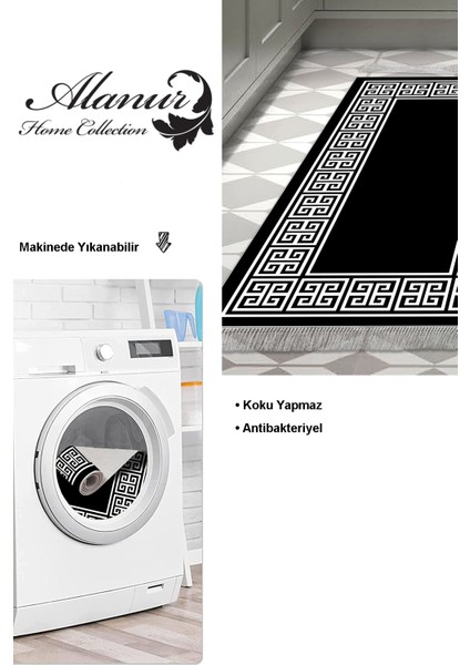 Dijital Mutfak Halısı Trend Keçe Kaymaz Taban Saçaklı Modern Penelope Siyah modelleri