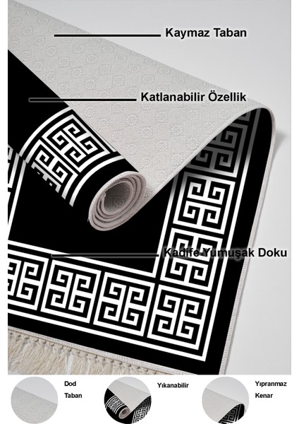 Dijital Mutfak Halısı Trend Keçe Kaymaz Taban Saçaklı Modern Penelope Siyah indirimleri