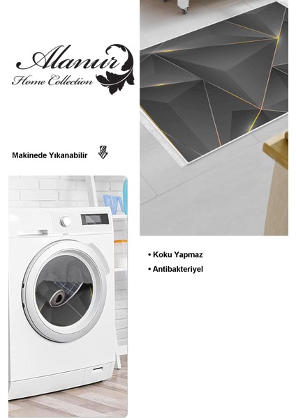 Dijital Mutfak Halısı Star Pamuk Kaymaz Taban Saçaklı Modern Everilda Gold Siyah modelleri