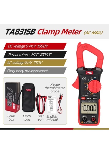 TA8315B (Ac 600A) Tası TA8315 Serisi Dijital Pens Metre Ampermetre, Ac/dc Akım Sıcaklığı Yüksek Hassasiyetli Multimetre Kapasite True Rms Ncv (Yurt Dışından)