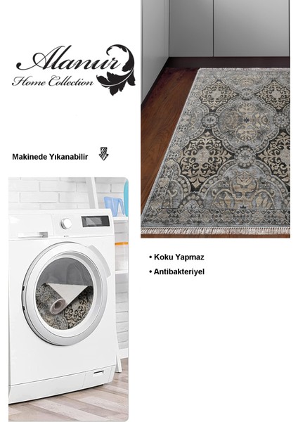 Dijital Mutfak Halısı Trend Keçe Kaymaz Taban Saçaklı Modern Osana Bej