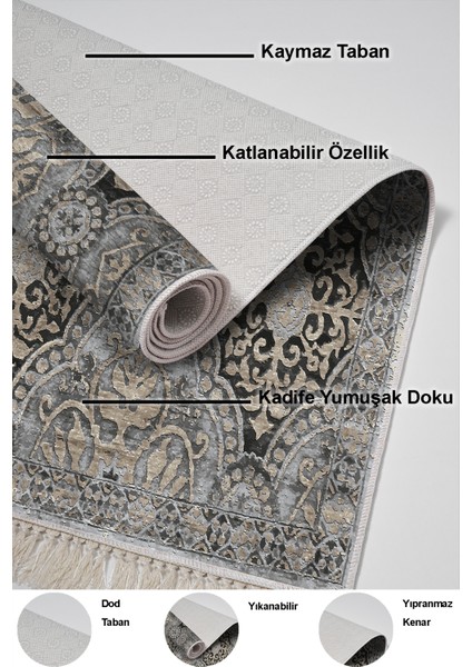 Dijital Mutfak Halısı Trend Keçe Kaymaz Taban Saçaklı Modern Osana Bej