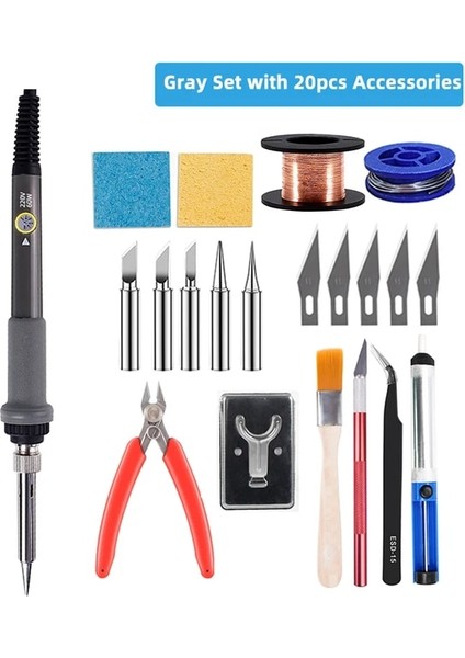 Gri 20P Kitleri ile 220V Ayarlanabilir Elektronik Havya 60W Ev Kaynak Istasyonu Kaynak Onarım Aracı Ipuçları/ Stand/ Kalay Tel Pcb Telefon Için (Yurt Dışından)