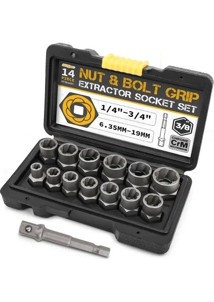 Sarı Hi-Spec 14 Adet Hasarlı Vida Çıkarıcı Cr-Mo Çelik Cıvata Somun Sökücü Araba Alet Kiti El Aletleri Kiti 6.35 -19 M Alet Kutusunda (Yurt Dışından)
