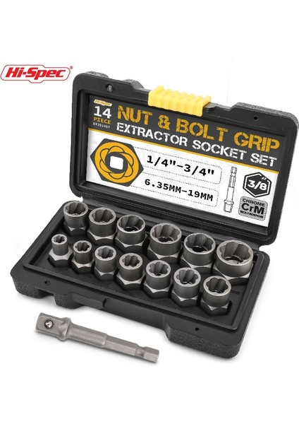 Sarı Hi-Spec 14 Adet Hasarlı Vida Çıkarıcı Cr-Mo Çelik Cıvata Somun Sökücü Araba Alet Kiti El Aletleri Kiti 6.35 -19 M Alet Kutusunda (Yurt Dışından) fiyatları
