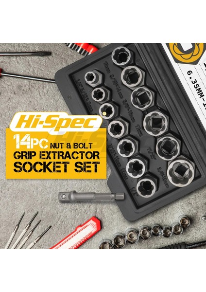 Sarı Hi-Spec 14 Adet Hasarlı Vida Çıkarıcı Cr-Mo Çelik Cıvata Somun Sökücü Araba Alet Kiti El Aletleri Kiti 6.35 -19 M Alet Kutusunda (Yurt Dışından) fırsatları