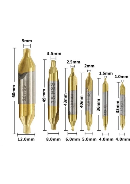 1-1.5-2-2.5-3.5-4-5 6 Adet 1.0-5.0mm Hss Tin Kaplamalı Merkezi Matkap Ucu Seti Metal Işleme Delik Delme Aracı 60 Derece Kombinasyon Matkap Ucu Seti (Yurt Dışından)