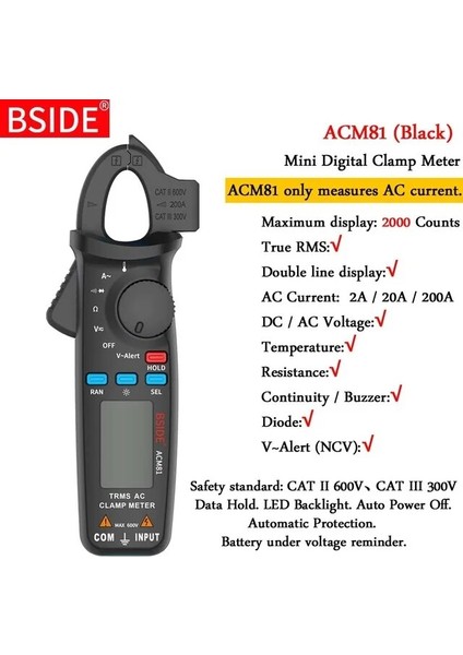 ACM81-BLACK Bsıde True Rms Pens Metre 1ma Pense Ampermetre Profesyonel Araba Tamir Dijital Multimetre Dc Ac Akım Volt Sıcaklık Kapasitör Test Cihazı (Yurt Dışından)