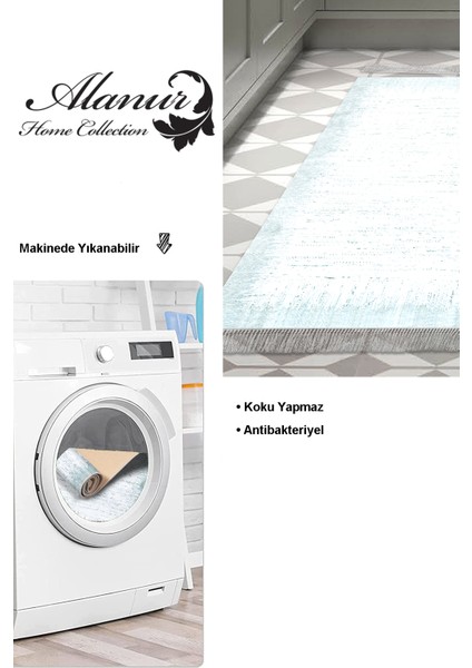Dijital Mutfak Halısı Yıldız Deri Kaymaz Taban Saçaklı Modern Evelina Mavi