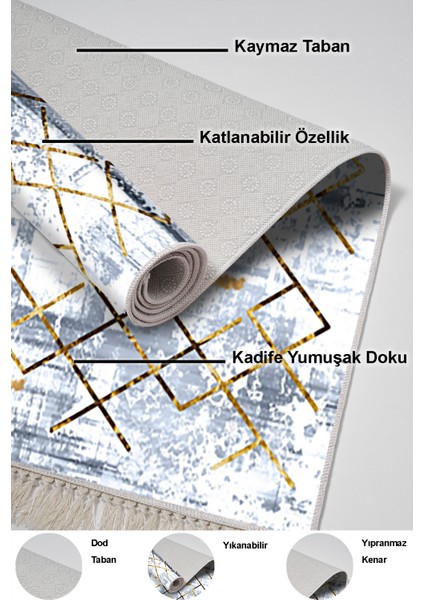 Dijital Mutfak Halısı Trend Keçe Kaymaz Taban Saçaklı Modern Brooklyn Mavi