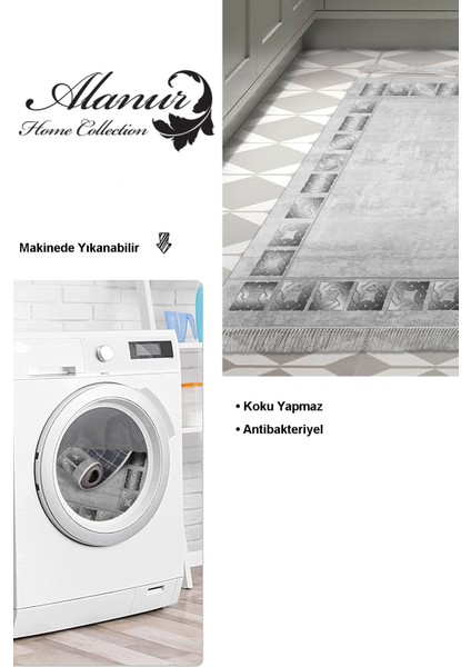 Dijital Mutfak Halısı Star Pamuk Kaymaz Taban Saçaklı Modern Twyla Gri