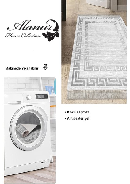 Dijital Mutfak Halısı Trend Keçe Kaymaz Taban Saçaklı Modern Debi Gri