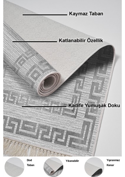 Dijital Mutfak Halısı Trend Keçe Kaymaz Taban Saçaklı Modern Debi Gri