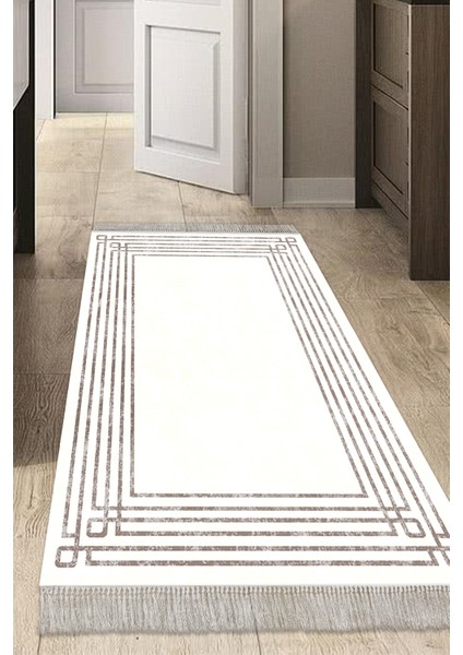 Dijital Mutfak Halısı Trend Keçe Kaymaz Taban Saçaklı Modern Shelbi Bej