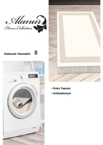 Dijital Mutfak Halısı Trend Keçe Kaymaz Taban Saçaklı Modern Dinah Krem modelleri