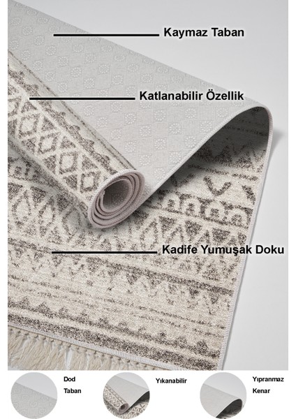 Dijital Mutfak Halısı Trend Keçe Kaymaz Taban Saçaklı Iskandinav Mali Açık Kahve