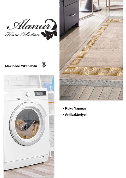Dijital Mutfak Halısı Star Pamuk Kaymaz Taban Saçaklı Modern Twyla Camel